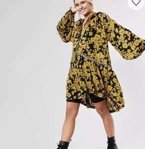 Free People XS Floral Black Yellow Long Sleeve  Love Letter Floral Tunic